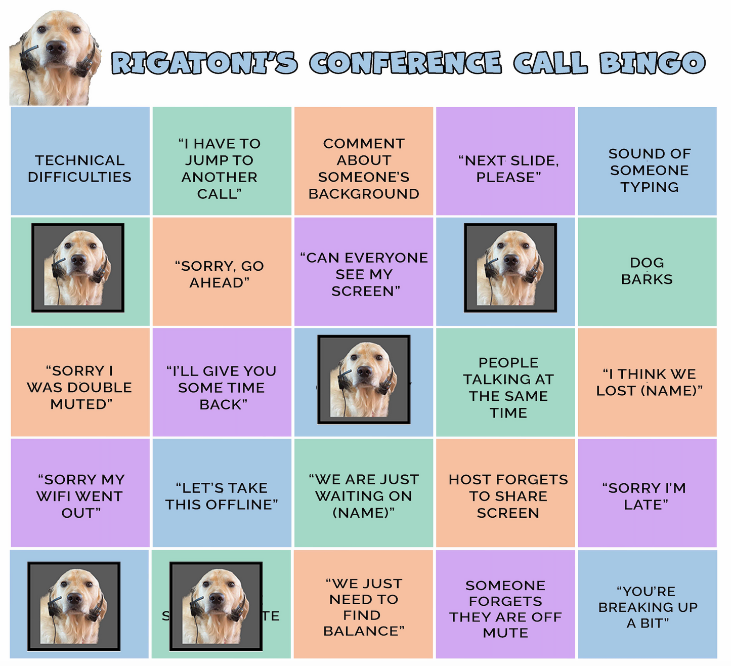 Rigatoni's Conference Call Bingo Card and Bingo Chips (Free Digital Download)